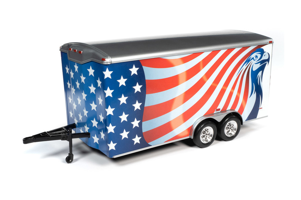 Four Wheel Enclosed Trailer, Red with White and Blue - Auto World AMM1266 - 1/18 scale Diecast Model Toy Car