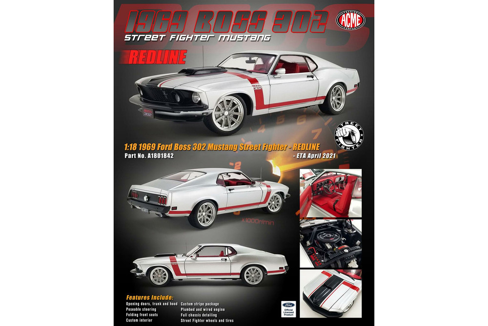 1969 Ford Boss 302 Mustang Street Fighter, Silver and red - Acme A1801842 - 1/18 scale Diecast Model Toy Car