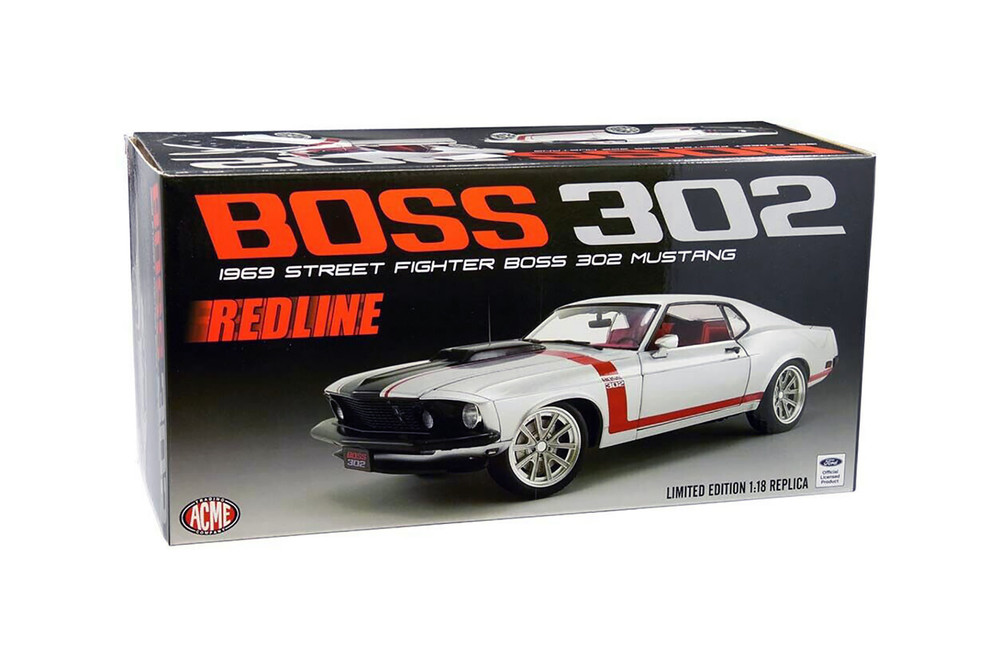 1969 Ford Boss 302 Mustang Street Fighter, Silver and red - Acme A1801842 - 1/18 scale Diecast Model Toy Car