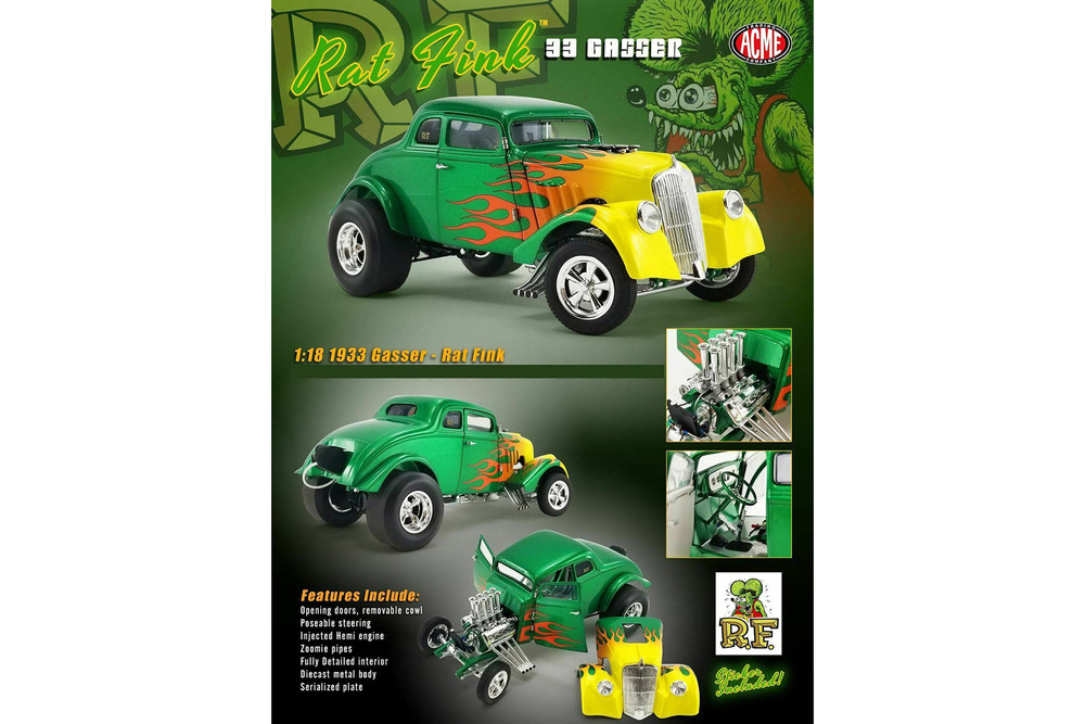 Rat Fink 1933 Willys Gasser, Green and Yellow - Acme A1800917 - 1/18 scale Diecast Model Toy Car