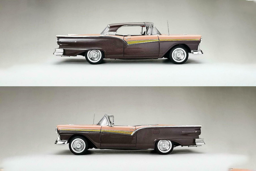 1957 Ford Fairlane 500 Skyliner, Silver Mocha Brown with Coral Sand - Sun Star 1345 - 1/18 scale Diecast Model Toy Car