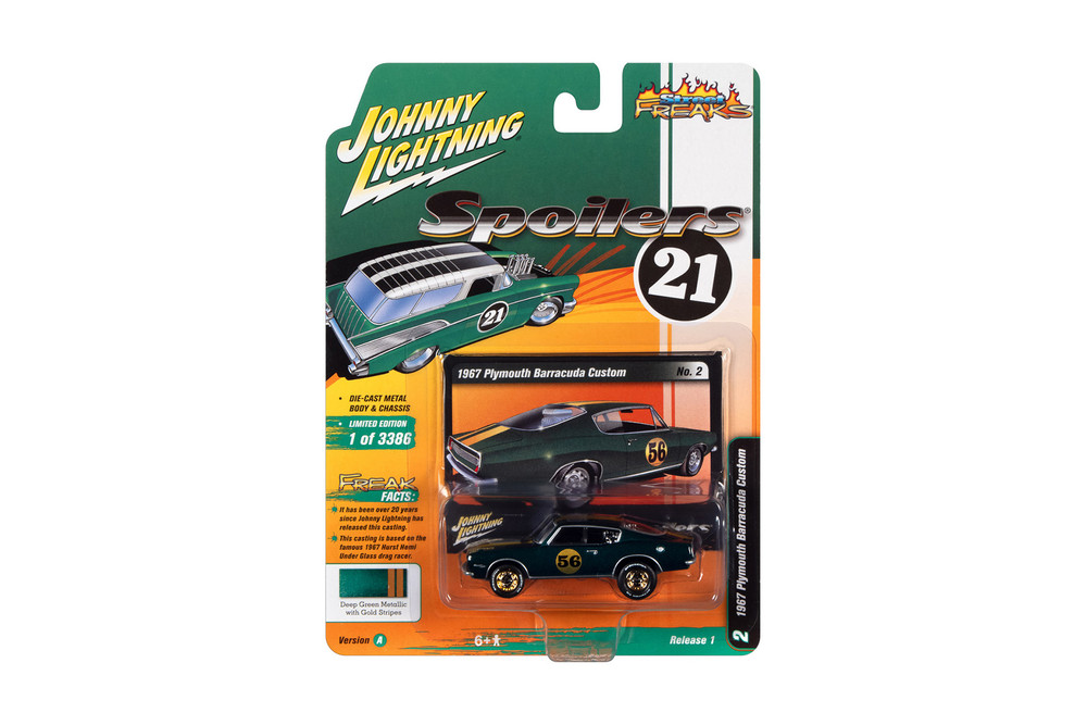 1967 Plymouth Barracuda Custom #56, Deep Metallic Green with Gold Wheels - Johnny Lightning JLSF019/48A - 1/64 scale Diecast Model Toy Car