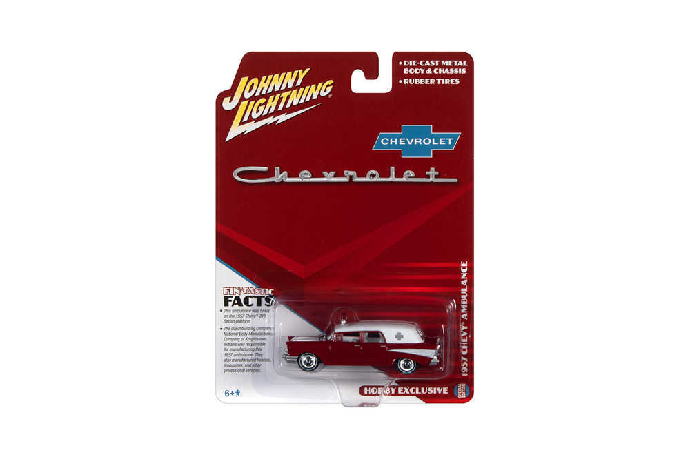 1957 Chevy Ambulance, Kosmos Red and White - Johnny Lightning JLSP130/24 - 1/64 scale Diecast Car