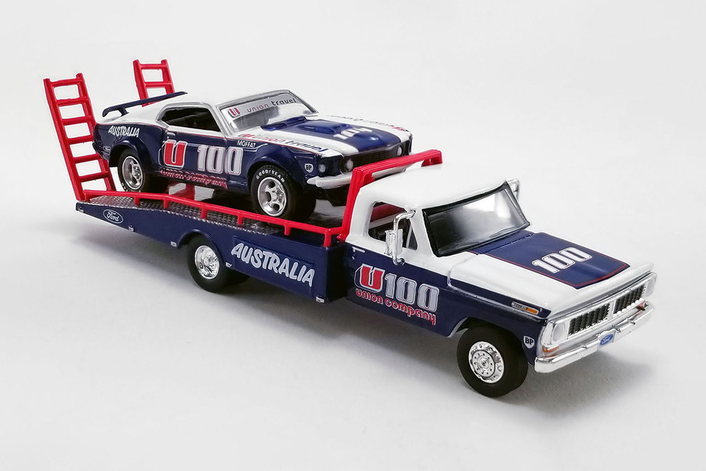 1969 Ford Mustang Trans Am #U100 and Allan Moffat Racing U100 Ford F-350 Ramp Truck, Blue and White - Greenlight 51342 - 1/64 scale Diecast Model Toy Car