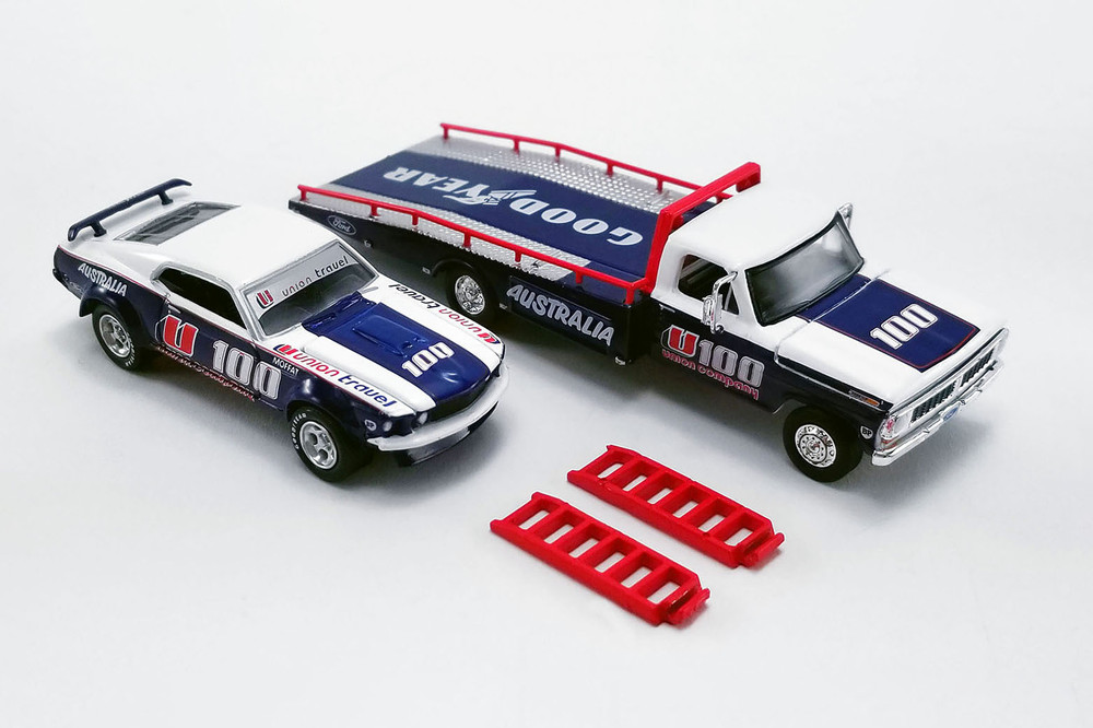 1969 Ford Mustang Trans Am #U100 and Allan Moffat Racing U100 Ford F-350 Ramp Truck, Blue and White - Greenlight 51342 - 1/64 scale Diecast Model Toy Car
