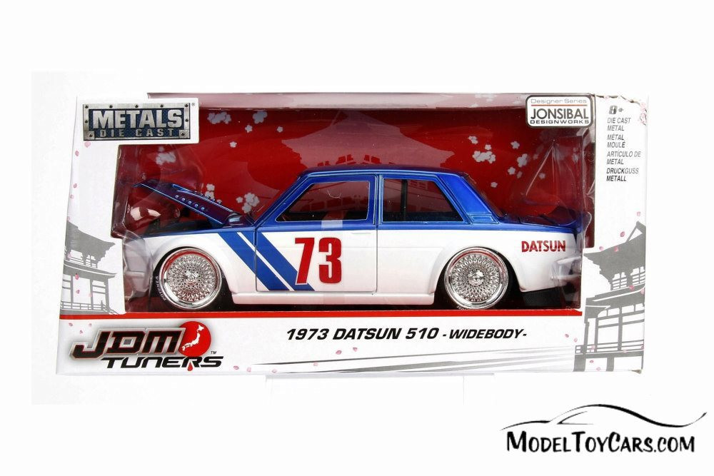 1973 Datsun 510 Widebody #73, Blue w/ White - Jada 99094WA1 - 1/24 Scale Diecast Model Toy Car