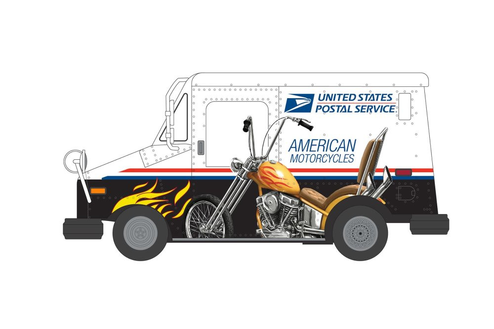American Motorcycles Collectible Stamps United States Postal Service (USPS) Long Live Postal Mail Delivery Vehicle (LLV) , White - Greenlight 30249/48 - 1/64 scale Diecast Model Toy Car