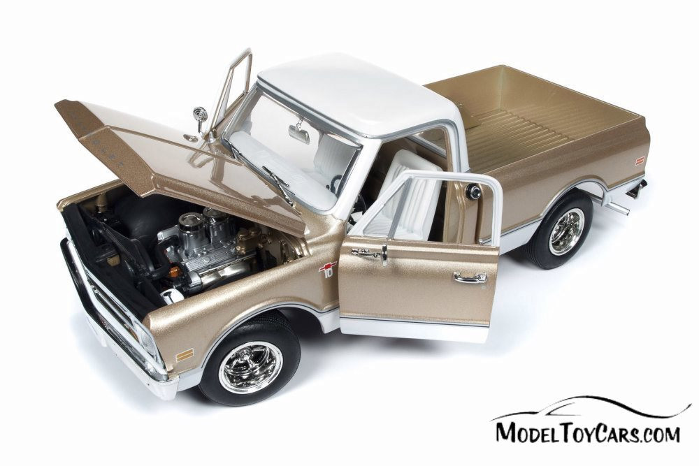 1968 Chevy C-10 Fleet Side Pickup Truck, Gold and White - Auto World AMM1165 - 1/18 scale Diecast Model Toy Car