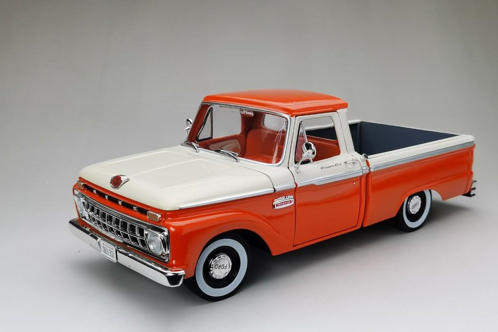 1965 Ford F-100 Custom Cab Pickup, Orange and Cream - Sun Star 1301 - 1/18  scale Diecast Car