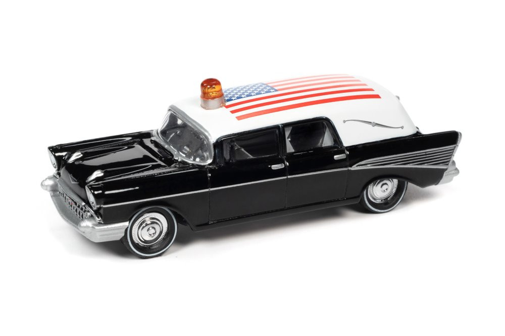 1957 Chevy Hearse w/American Flag, Black & White - Johnny Lightning JLSP144/24 - 1/64 Diecast Car