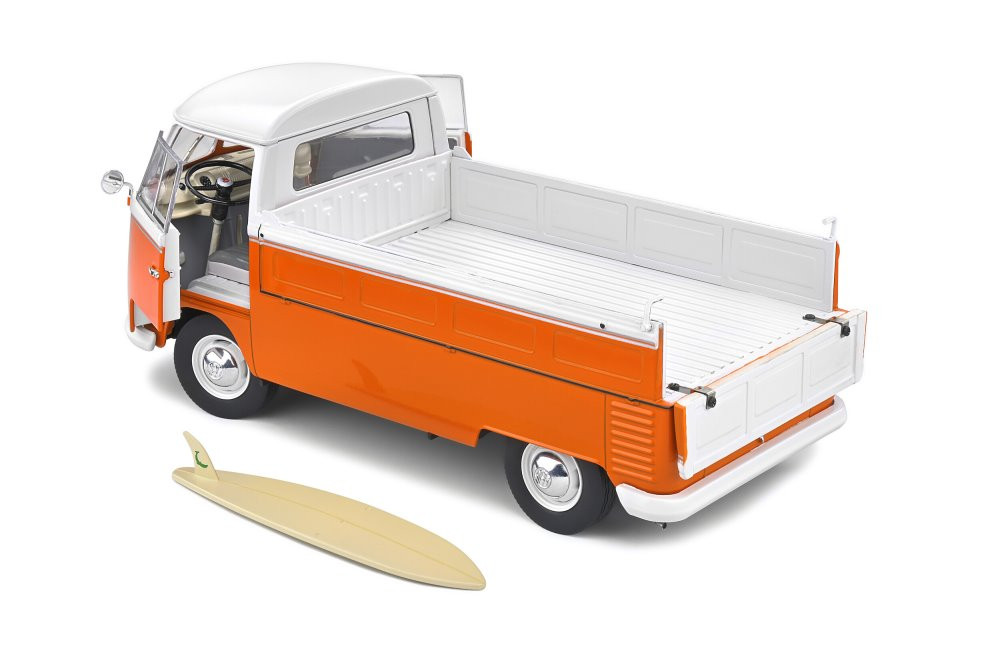 1950 Volkswagen T1 Pick Up with Surfboard, Orange and White - Solido S1806701 - 1/18 Diecast Car