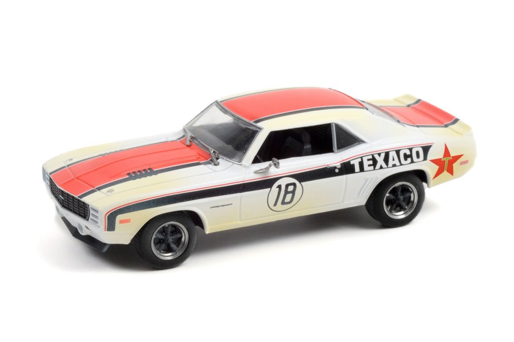 Texaco 1969 Chevy Camaro RS, White and Orange - Greenlight 86344 - 1/43 scale Diecast Model Toy Car