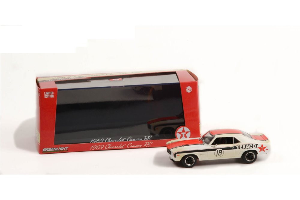 Texaco 1969 Chevy Camaro RS, White and Orange - Greenlight 86344 - 1/43 scale Diecast Model Toy Car