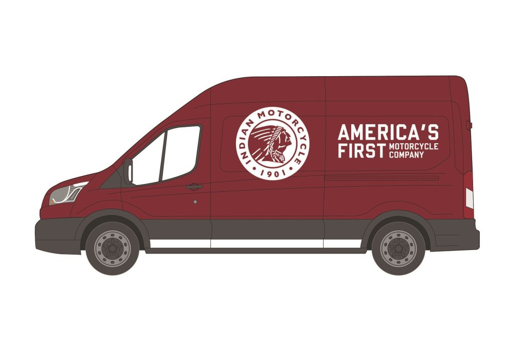 Indian Motorcycle Sales & Service 2015 Ford Transit LWB High Roof Van, Burgundy - Greenlight 53030B/48 - 1/64 scale Diecast Model Toy Car