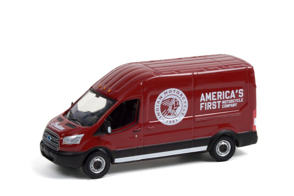 Indian Motorcycle Sales & Service 2015 Ford Transit LWB High Roof Van, Burgundy - Greenlight 53030B/48 - 1/64 scale Diecast Model Toy Car