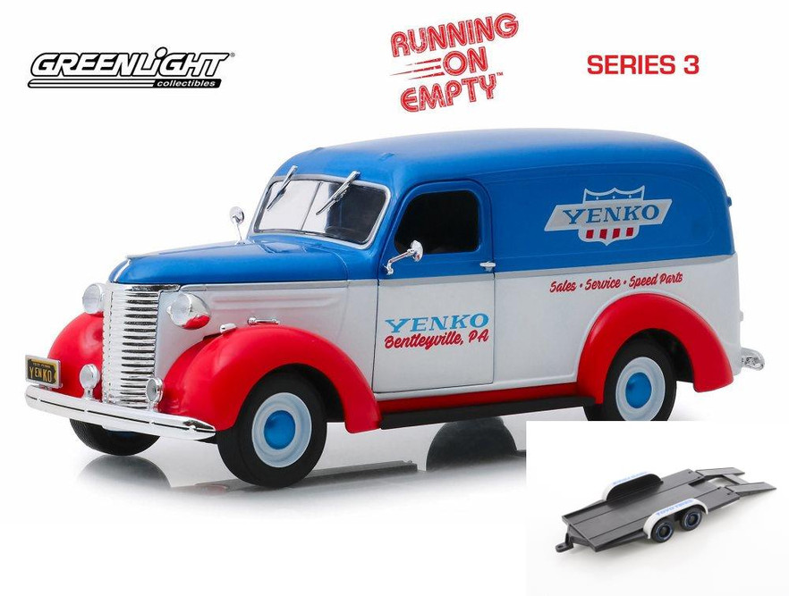 Diecast Car w/Trailer - 1939 Chevy Panel Truck, White,Blue &Red, Greenlight 85041, 1/24 Diecast Car