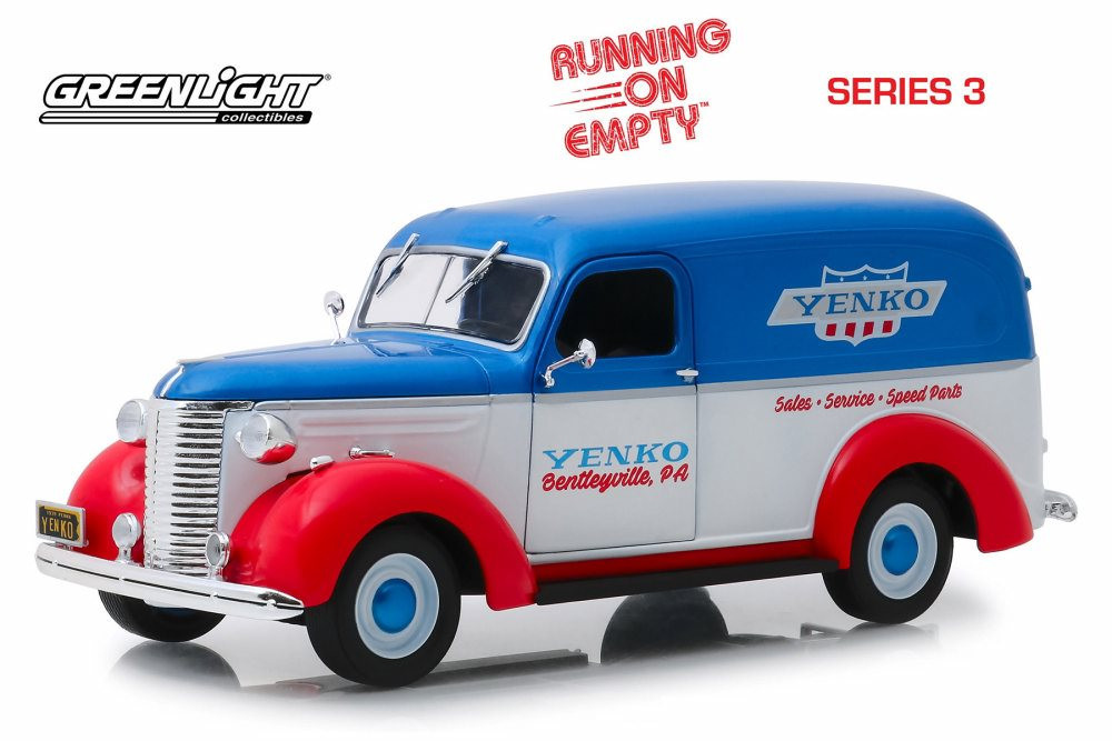 Diecast Car w/Trailer - 1939 Chevy Panel Truck, White,Blue &Red, Greenlight 85041, 1/24 Diecast Car