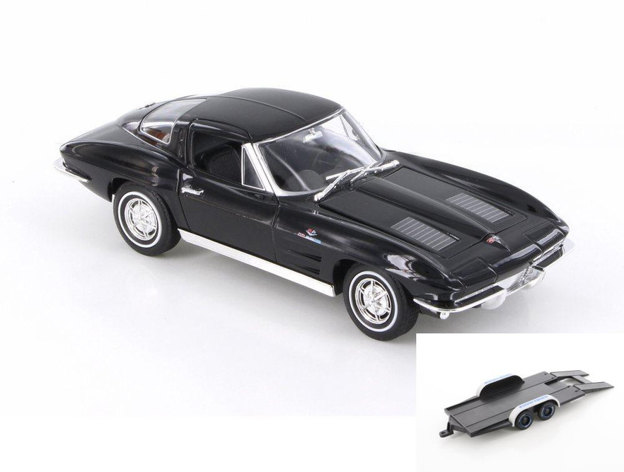 Diecast Car w/Trailer - 1963 Chevy Corvette Hardtop, Black - Welly 24073WBK - 1/24 Diecast Car