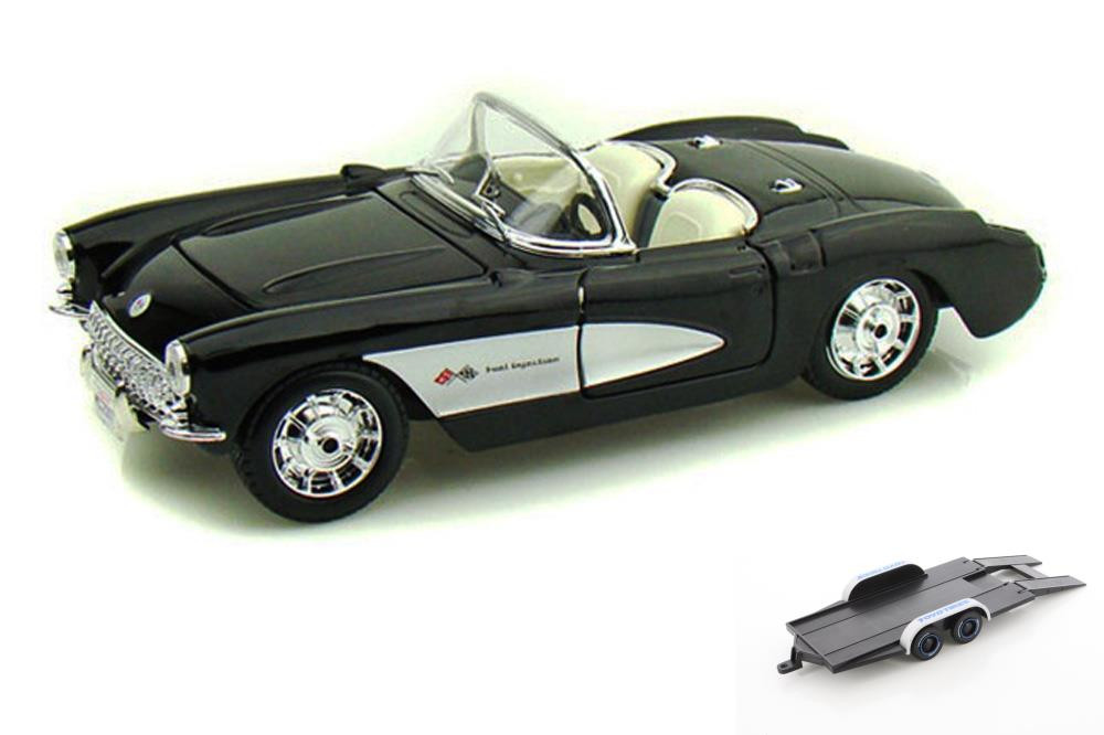 Diecast Car w/Trailer - 1957 Chevy Corvette Convertible, Black - Maisto 31275 - 1/24 Scale Diecast Model Toy Car