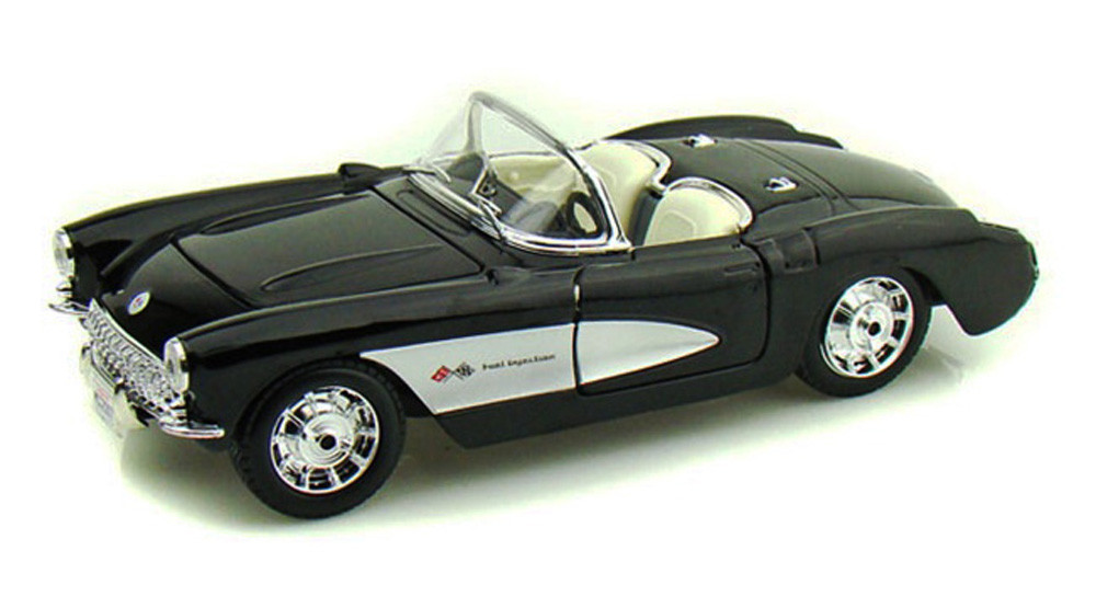 Diecast Car w/Trailer - 1957 Chevy Corvette Convertible, Black - Maisto 31275 - 1/24 Scale Diecast Model Toy Car