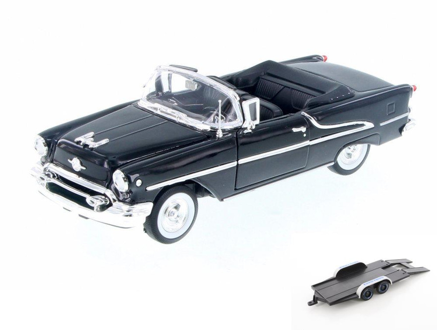 Diecast Car w/Trailer - 1955 Oldsmobile Super 88 Convertible, Black - Welly 22432, 1/24 Diecast Car