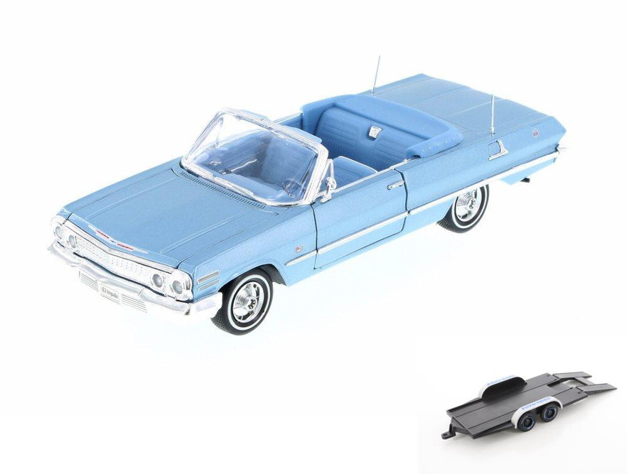 Diecast Car w/Trailer - 1963 Chevy Impala Cnvrtbl,   22434WBU - 1/24 Scale Diecast Model Toy Car