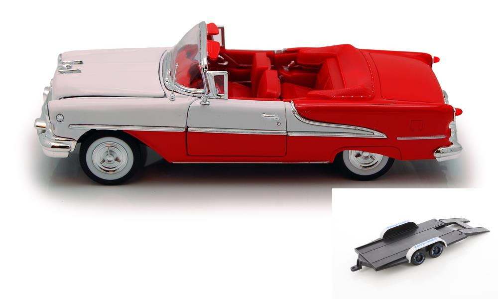 Diecast Car w/Trailer - 1955 Oldsmobile Super 88 Convertible, Red - Welly 22432 - 1/24 Diecast Car