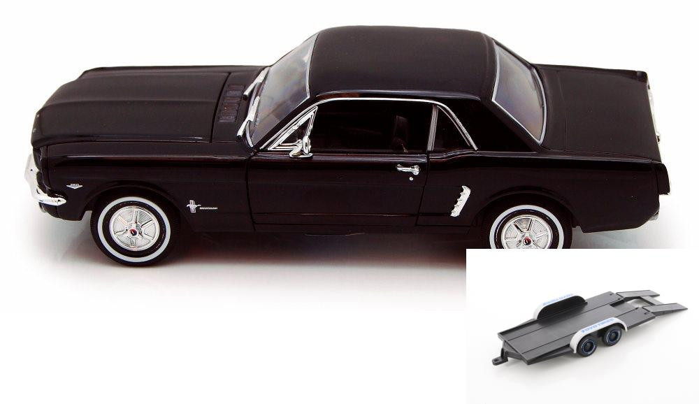 Diecast Car w/Trailer - 1964 1/2 Ford Mustang Coupe, Black - Welly 22451WBK, 1/24 diecast model car