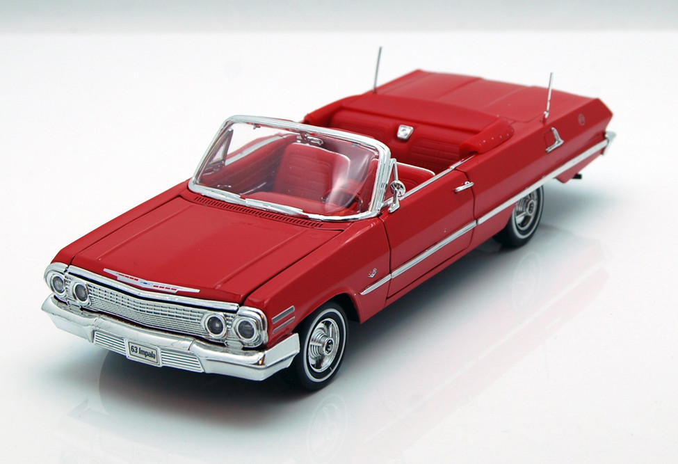 Diecast Car w/Trailer - 1963 Chevy Impala Convertible, Red - Welly 22434 - 1/24 scale Diecast Model Toy Car (Brand New, but NOT IN BOX)