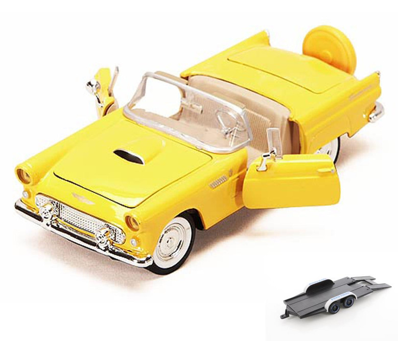 Diecast Car w/Trailer - 1956 Ford Thunderbird Convertible, Yellow, Motormax 73215, 1/24 Diecast Car