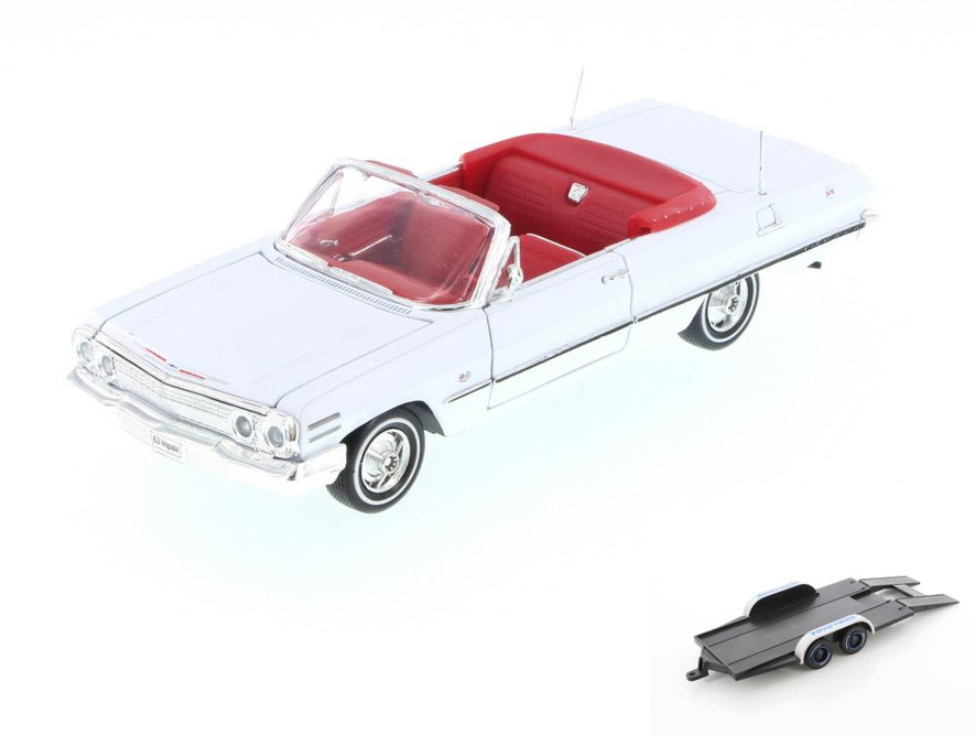 Diecast Car w/Trailer - 1963 Chevy Impala Convertible, White - Welly 22434 - 1/24 Scale Diecast Model Toy Car (Brand New, but NOT IN BOX)