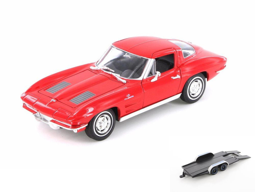 Diecast Car w/Trailer - 1963 Chevy Corvette Hard Top, Red - Welly 24073WR - 1/24 scale Diecast Model Toy Car