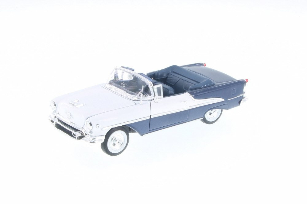 Diecast Car w/Trailer - 1955 Oldsmobile Super 88, Blue & White - Welly 22432/4D - 1/24 Scale Diecast Model Toy Car