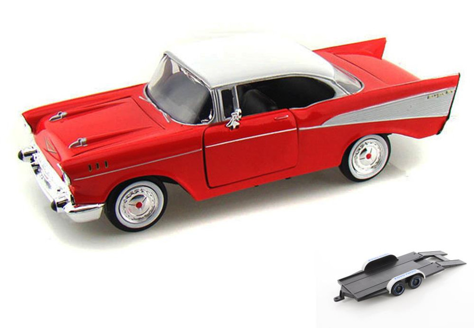 Diecast Car w/Trailer - 1957 Chevrolet Belair, Red - Motormax 73228 - 1/24 Scale Diecast Car