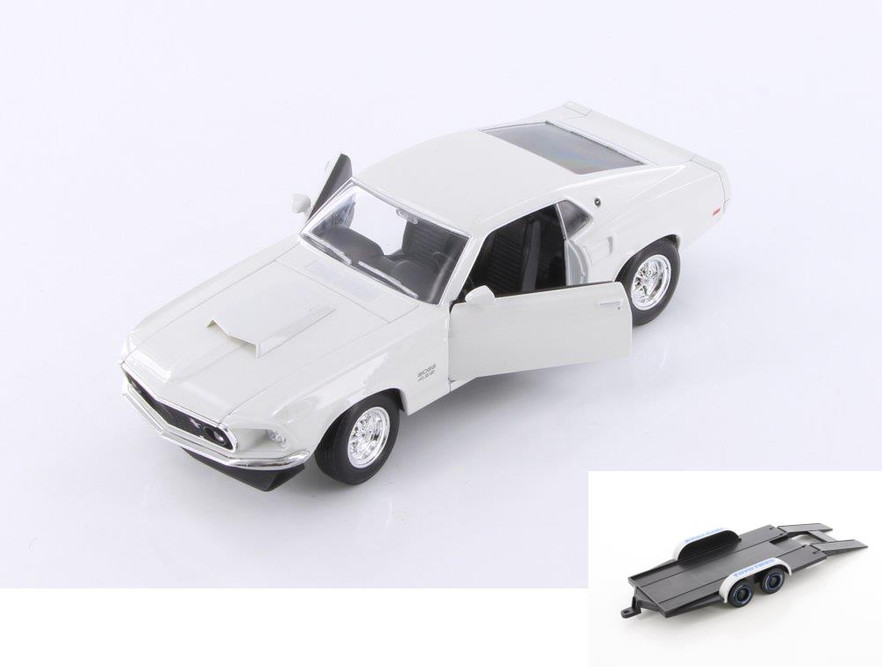 Diecast Car w/Trailer - 1969 Ford Mustang Boss 429, White - Welly 24067WWT - 1/24 scale Diecast Car