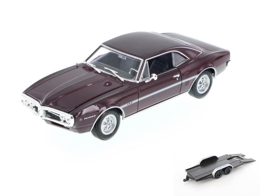 Diecast Car w/Trailer - 1967 Pontiac Firebird, Maroon - Welly 22502 - 1/24 Scale Diecast Model Toy Car (Brand New, but NOT IN BOX)