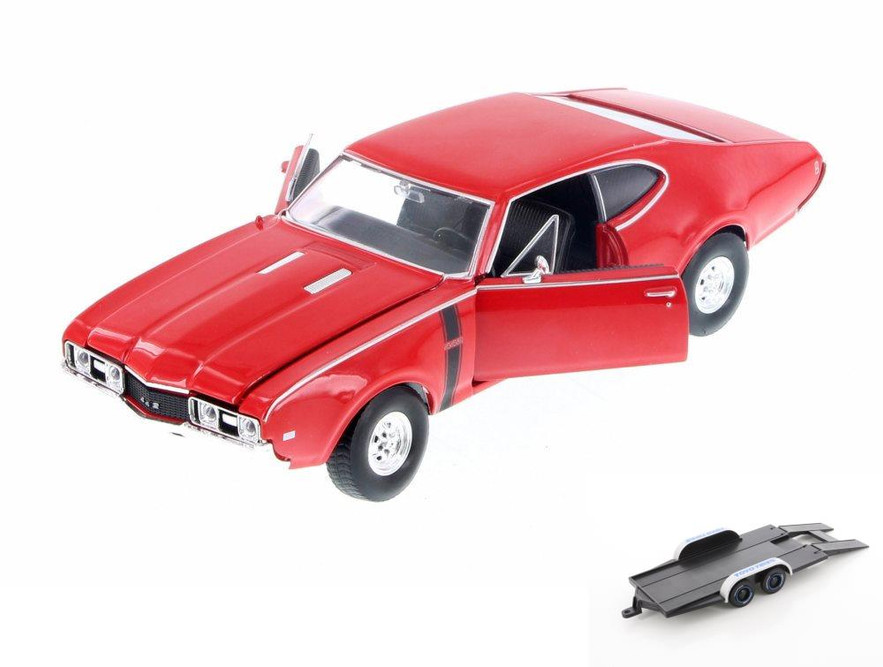 Diecast Car w/Trailer - 1968 Oldsmobile 442 Hard Top, Red - Welly 24024 - 1/24 Scale Diecast Model Toy Car