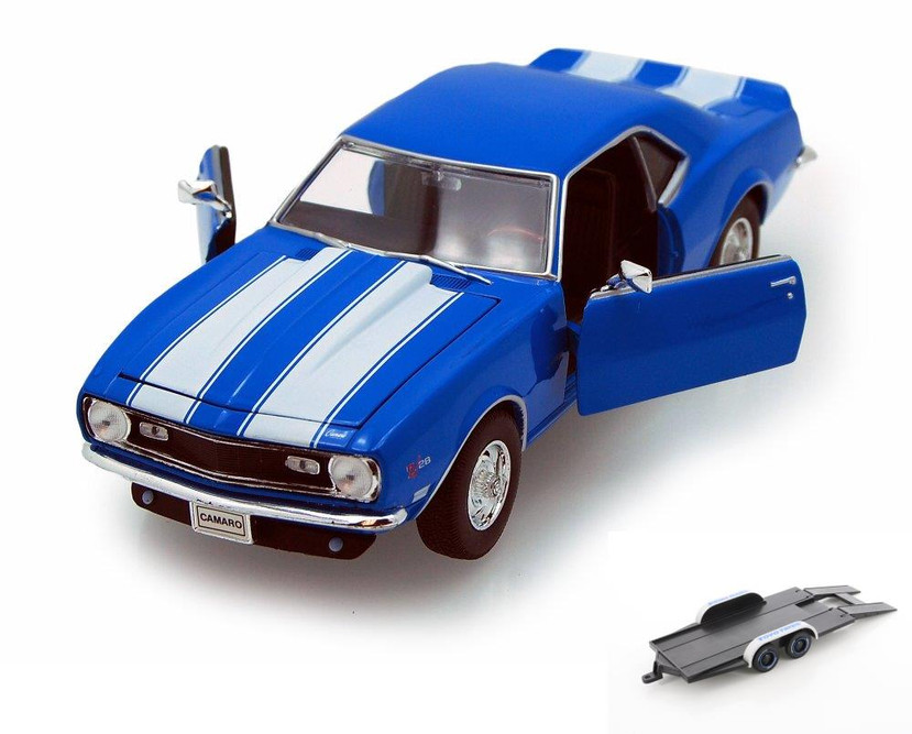 Diecast Car w/Trailer - 1968 Chevy Camaro Z/28, Blue - Welly 22448 - 1/24 scale Diecast Model Toy Car (Brand New, but NOT IN BOX)