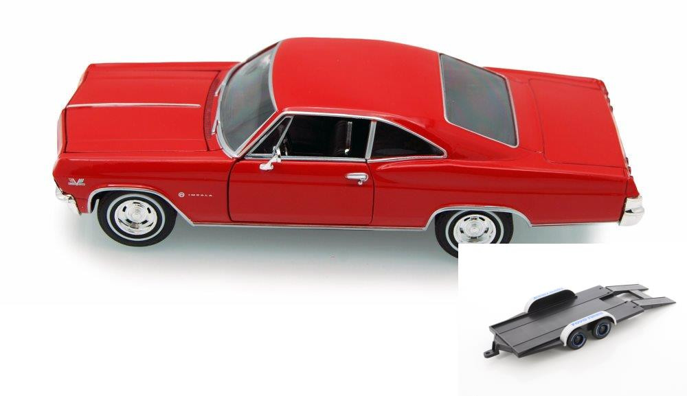 Diecast Car w/Trailer - 1965 Chevy Impala SS396, Red - Welly 22417 -1/24 scale Diecast Model Toy Car (Brand New, but NOT IN BOX)