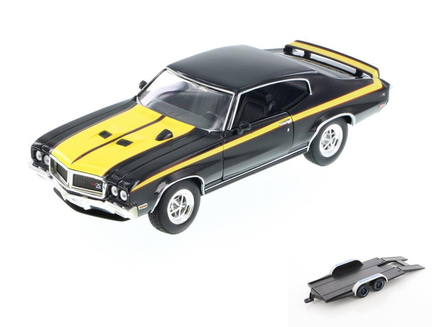 Diecast Car w/Trailer - 1970 Buick GSX, Black w/ Yellow Detail - Welly 22433 - 1/24 Scale Diecast Model Toy Car (Brand New, but NOT IN BOX)