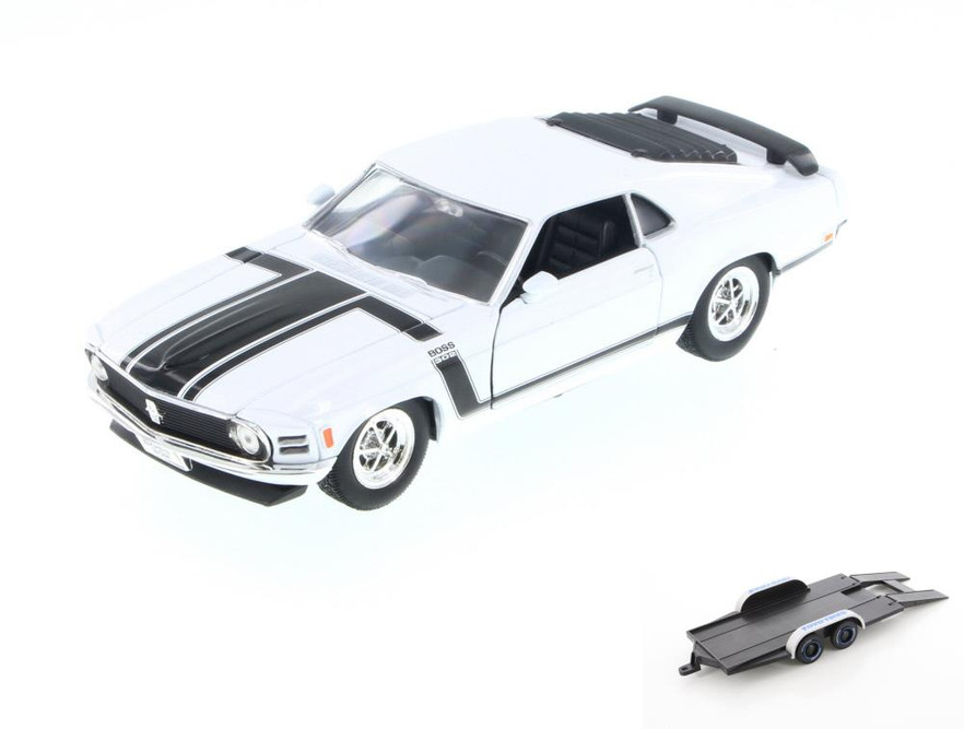 Diecast Car w/Trailer - 1970 Ford Mustang, White - Welly 22088 - 1/24 Scale Diecast Model Toy Car (Brand New, but NOT IN BOX)