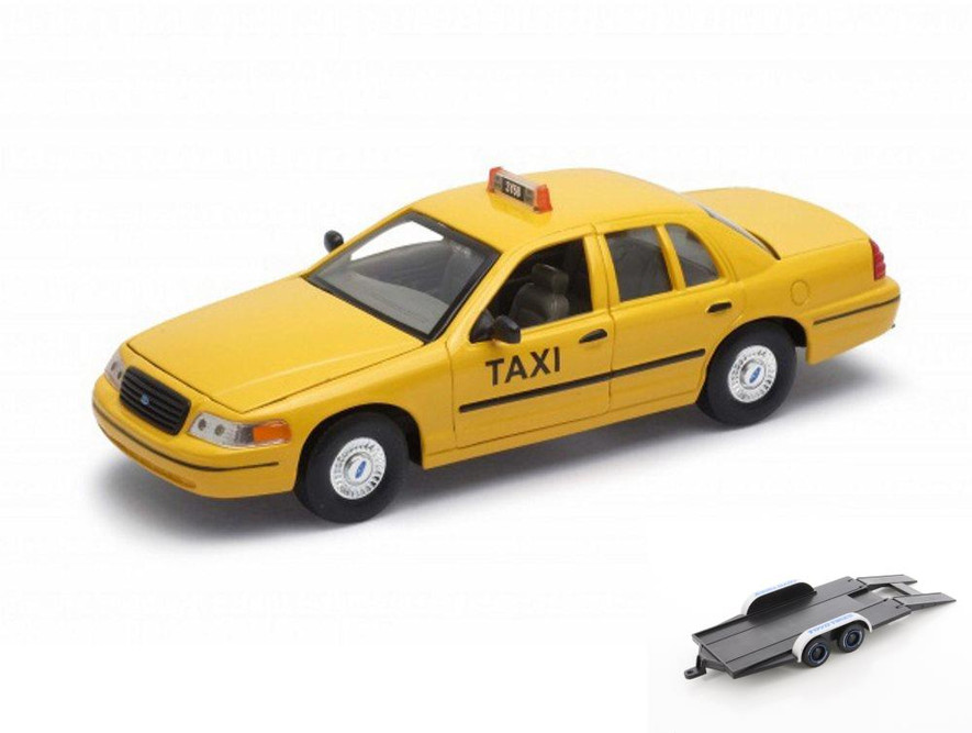 Diecast Car w/Trailer - 1999 Ford Crown Victoria Taxi, Yellow - Welly 22082WTX - 1/24 Diecast Car