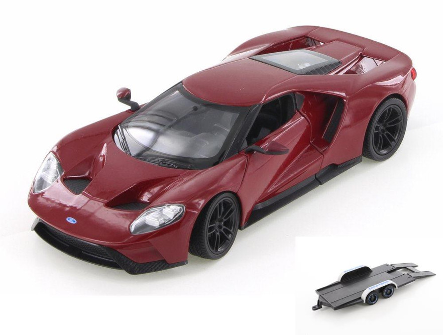 Diecast Car w/Trailer - 2017 Ford GT, Red - Welly 24082WR - 1/24 Scale Diecast Model Toy Car