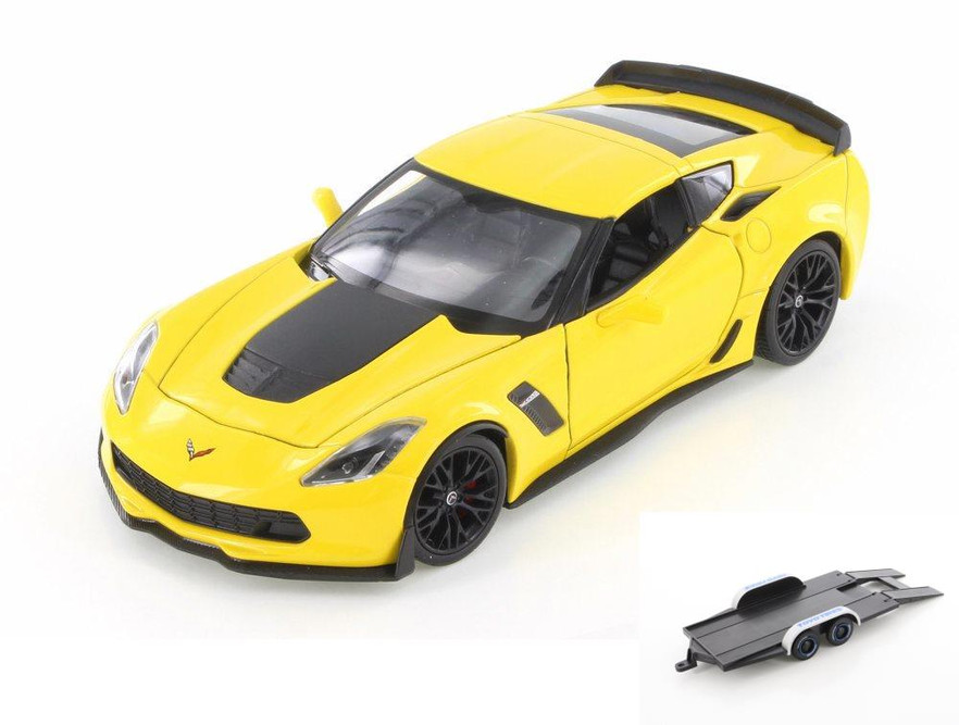 Diecast Car w/Trailer - 2017 Chevy Corvette Z06, Yellow - Welly 24085WYL - 1/24 Scale Diecast Car