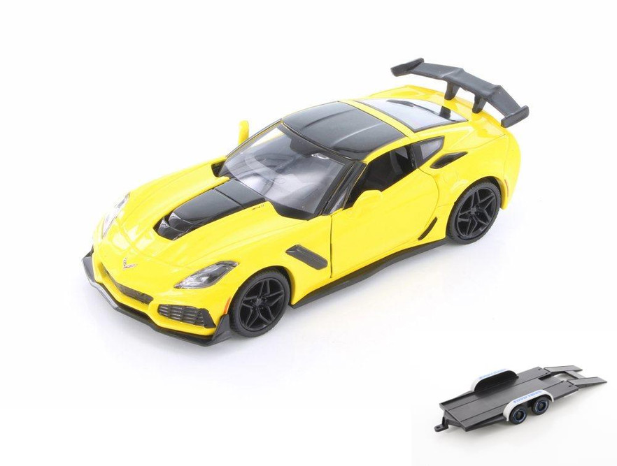 Diecast Car w/Trailer - 2019 Chevy Corvette ZR1 HardTop, Yellow - Showcasts 79356, 1/24 Diecast Car