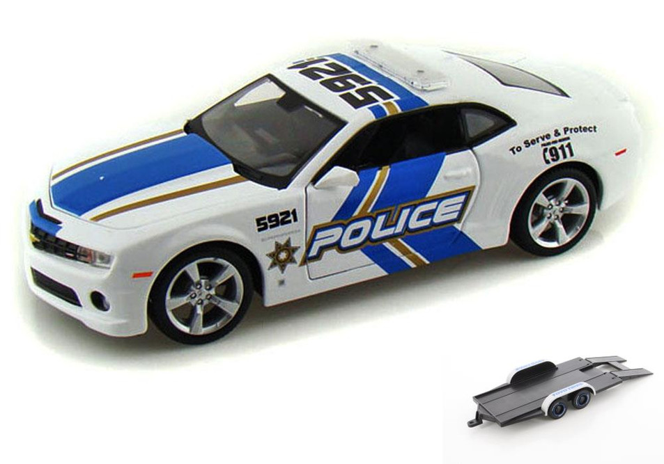 Diecast Car w/Trailer - Chevy Camaro SS RS Police, White - Maisto 31208 - 1/24 Scale Diecast Car