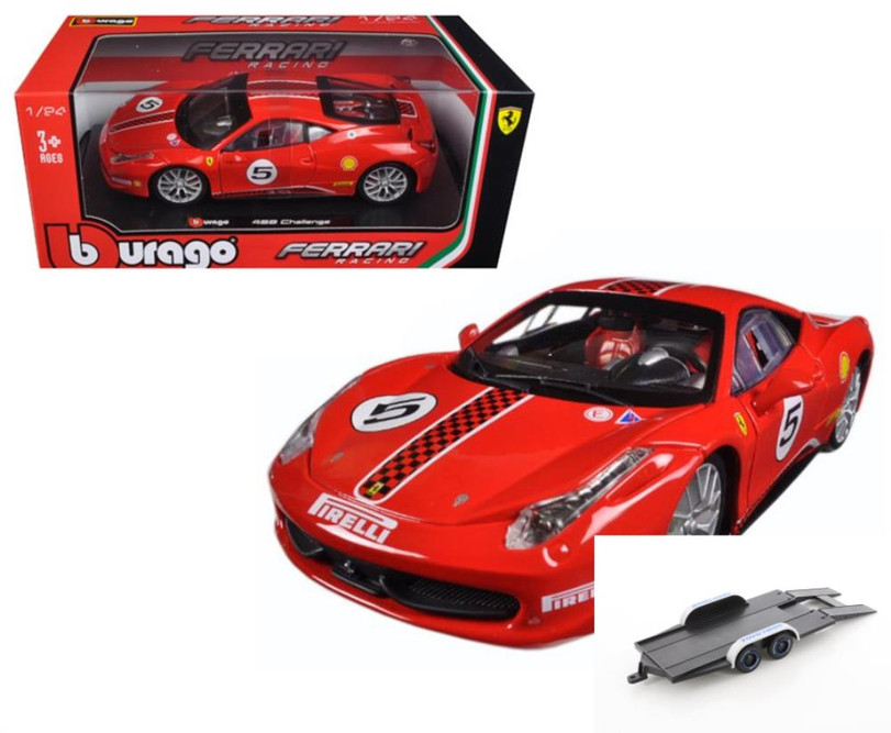 Diecast Car w/Trailer - Ferrari 458 Challenger, Red - Bburago 18-26302 - 1/24 scale Diecast Car