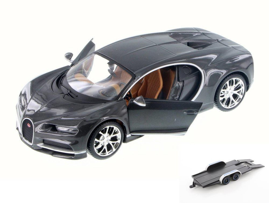 Diecast Car w/Trailer - Bugatti Chiron, Black - Maisto 34514 - 1/24 Scale Diecast Model Toy Car