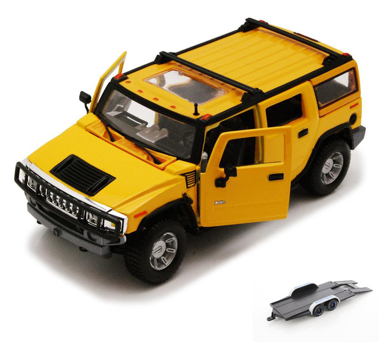 Diecast Car w/Trailer - Hummer H2 SUV, Yellow - Maisto 34231 -1/27 Scale Diecast Model Toy Car