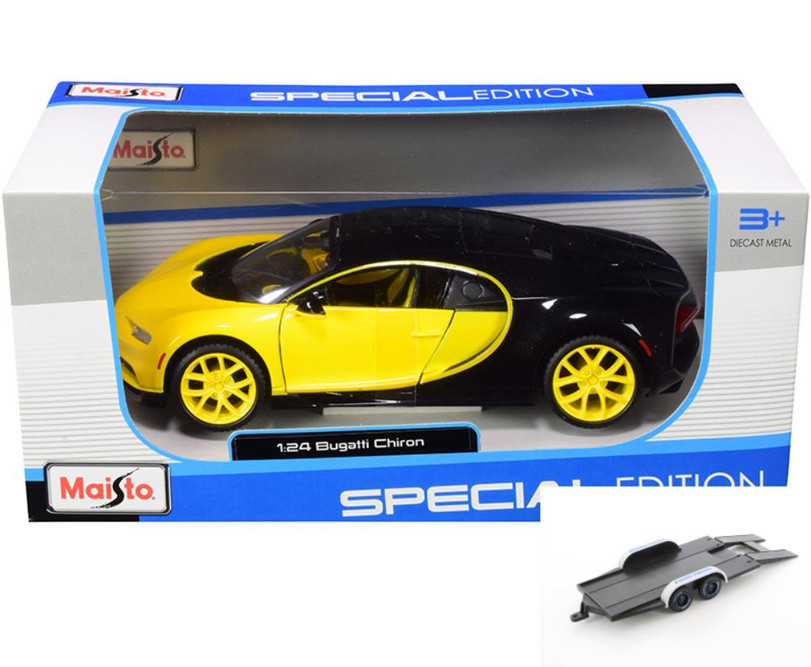 Diecast Car w/Trailer - Bugatti Chiron, Yellow and Black - Maisto 31514YLBK - 1/24 Diecast Car